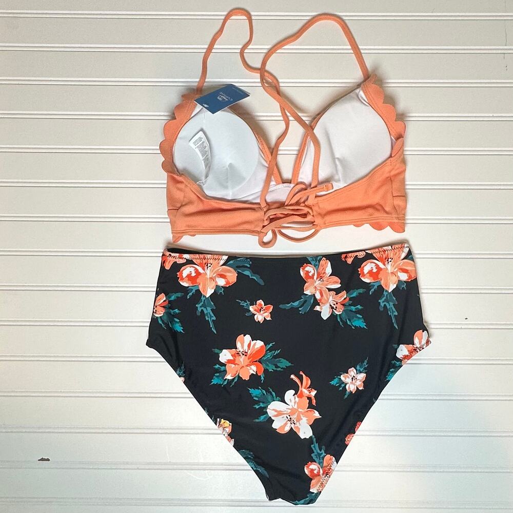 Cupshe Women Peach Floral Bikini Set Scallop Trim High Waist 2 Piece L - Picture 3 of 6